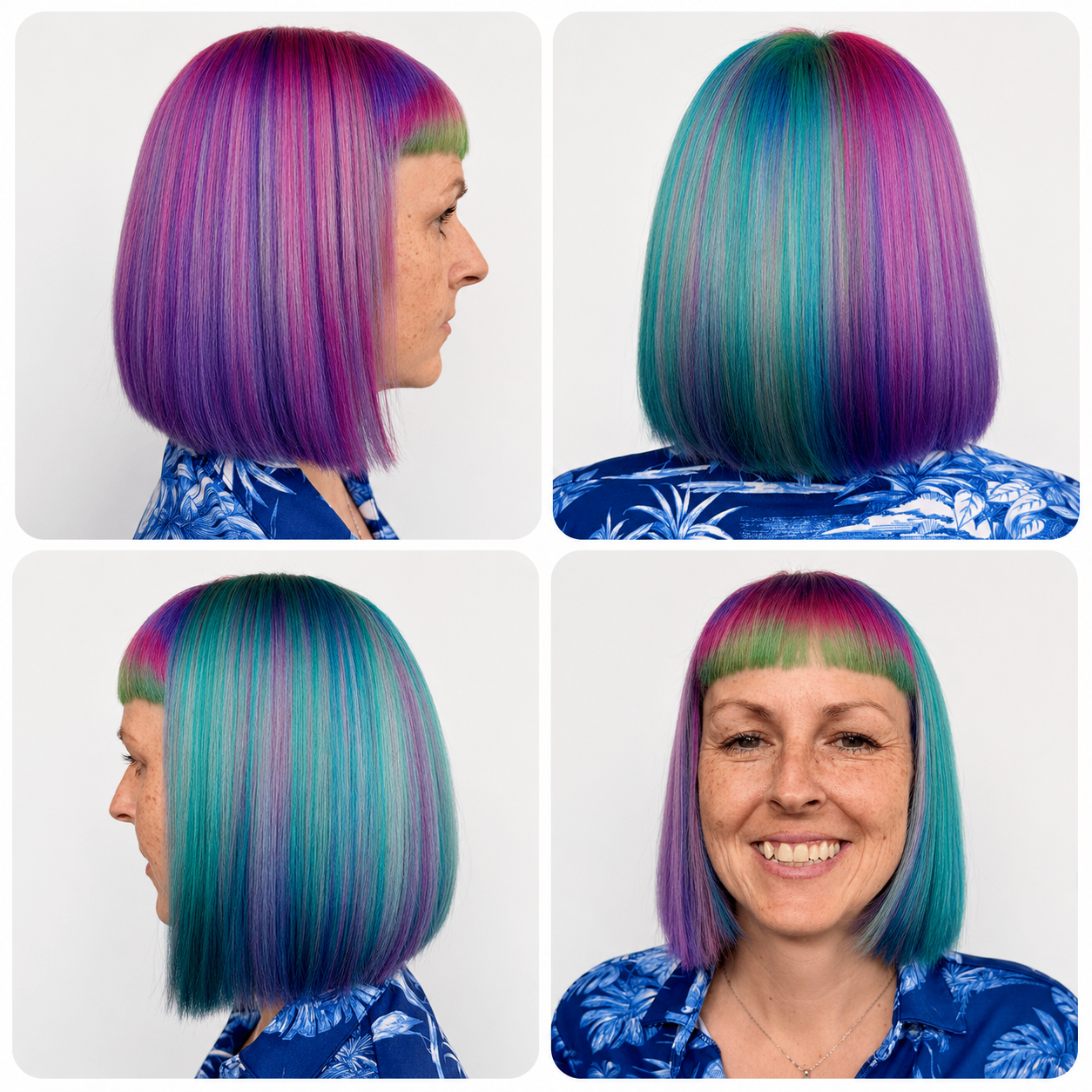 Vivid teal, purple, and green color-blocked bob collage — four angles