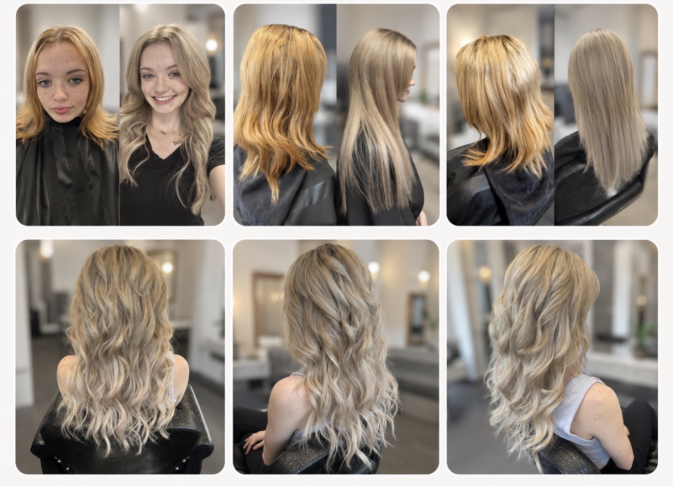 Dimensional blonde IBE extensions before and after collage — full transformation with length, volume, and seamless blend