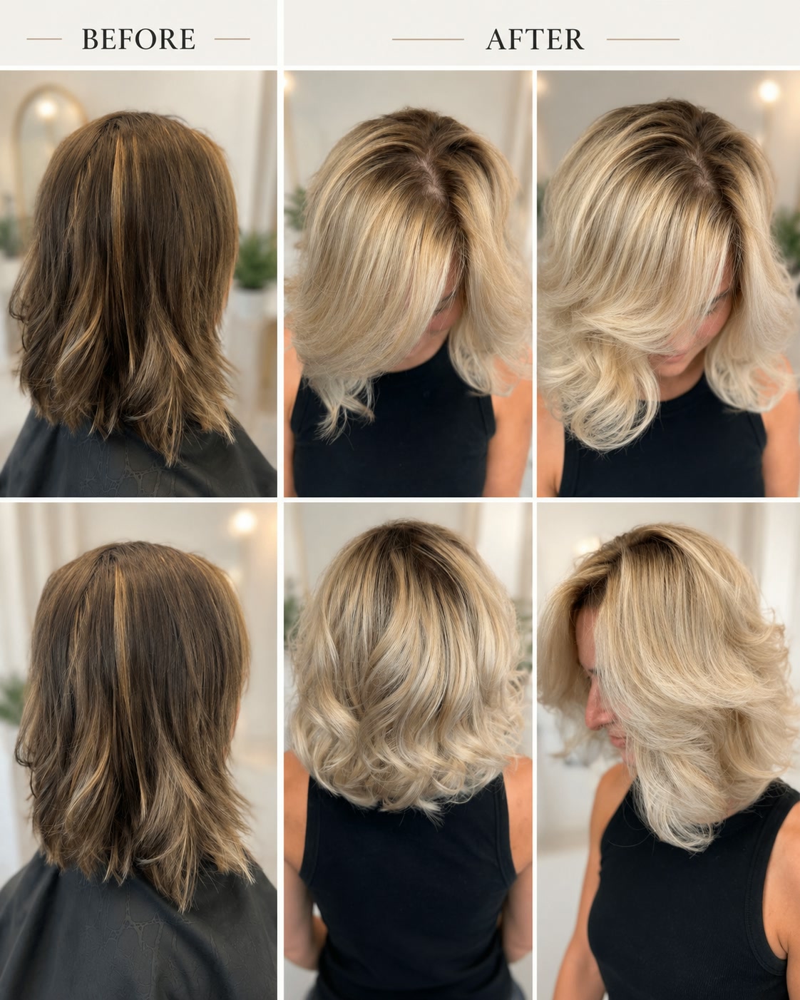Brunette to bright blonde before and after transformation