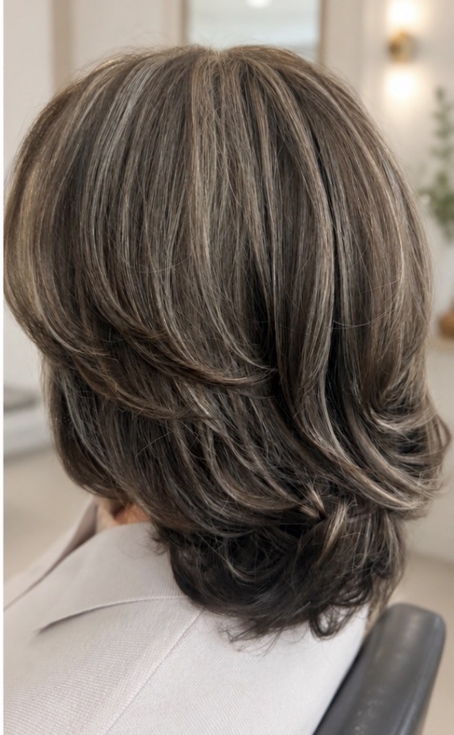 Grown-out color transformed to dimensional silver gray blend — multiple angles