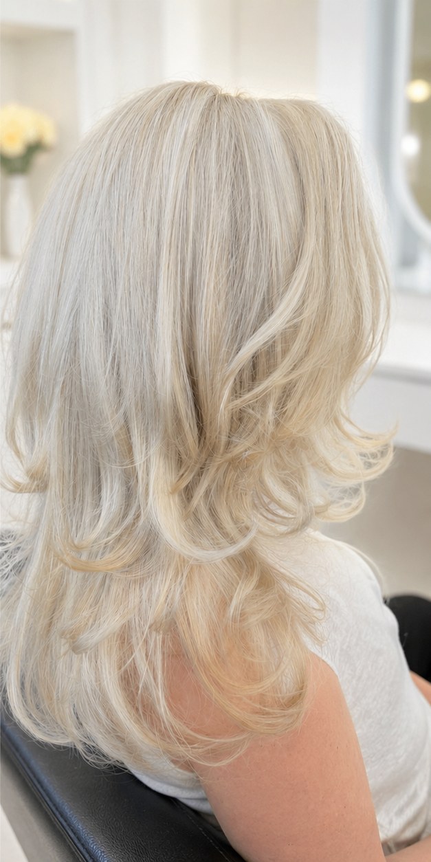 Dimensional blonde transformation — multiple angles and finishes
