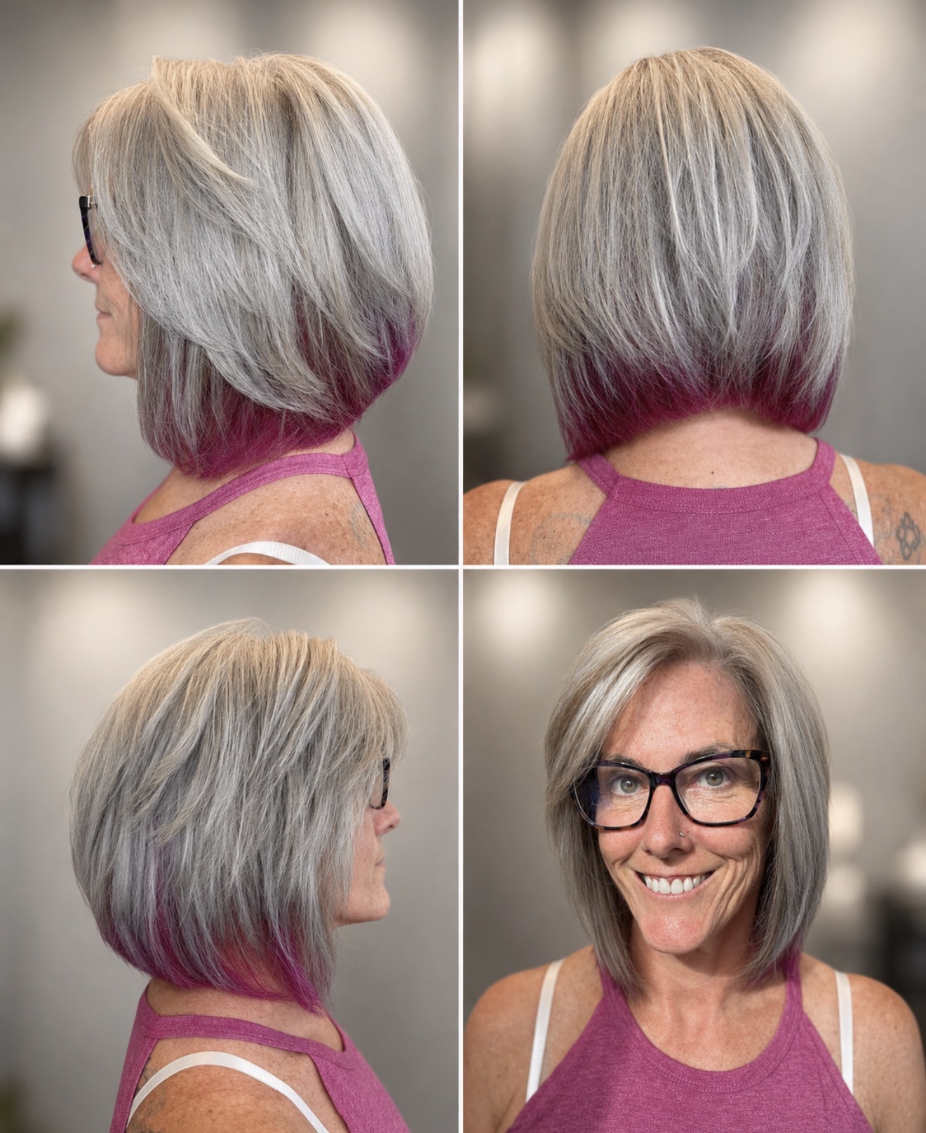 Silver gray bob with vivid pink undercolor