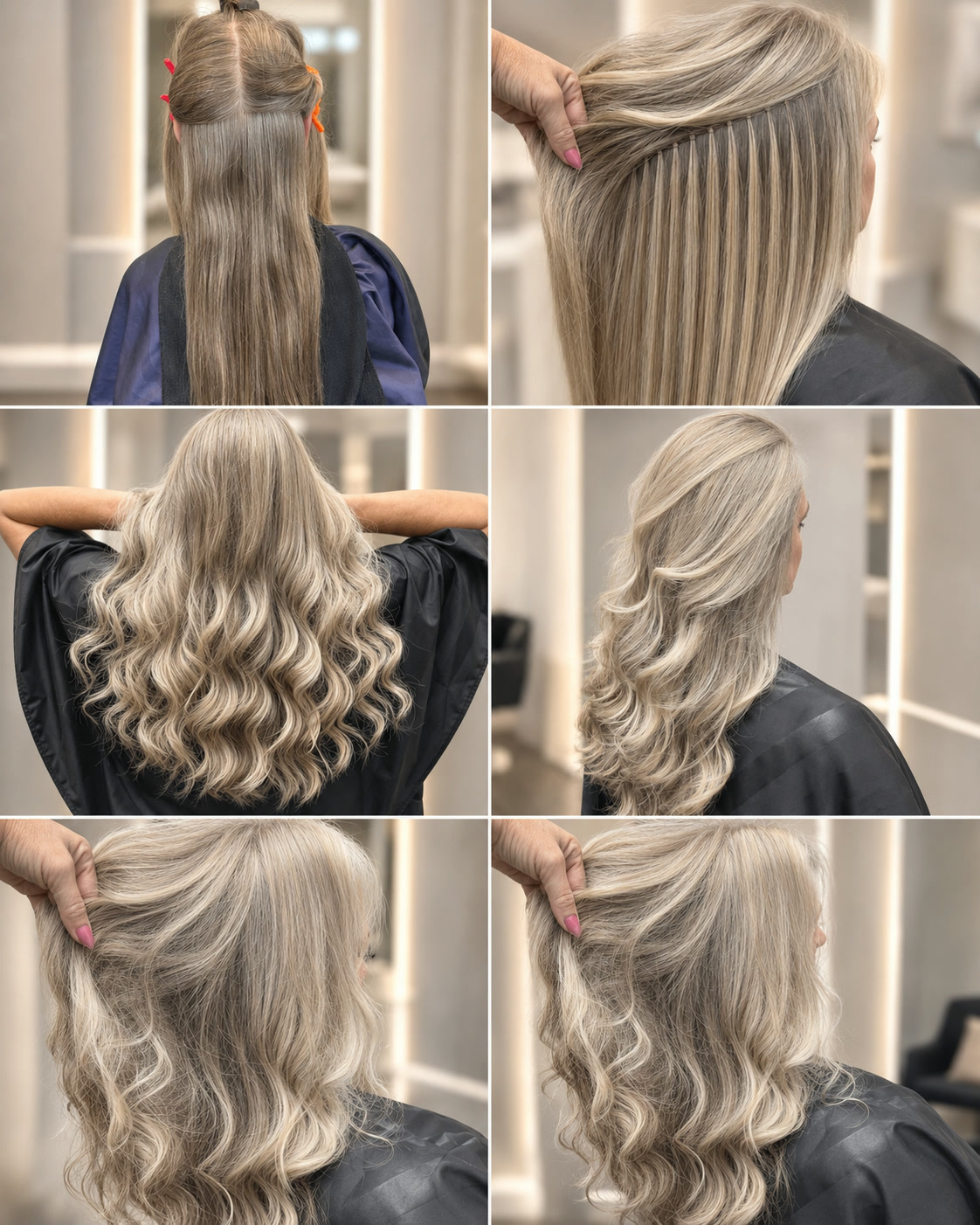 Dimensional blonde extension install and finished waves collage